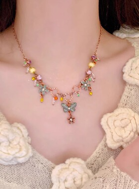 多巴胺彩色蝴蝶花朵项链女锁骨链