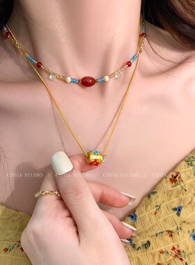 波西米亚新中式叠戴项链女锁骨链