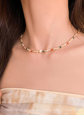 多巴胺彩色串珠珍珠项链女夏天轻奢小众设计高级感锁骨链颈链配饰