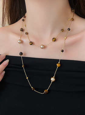 复古美拉德长款虎眼石项链女