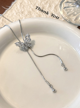 银色蝴蝶长款流苏项链女锁骨链