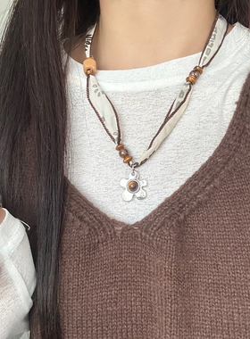 复古美拉德虎眼石花朵串珠项链女