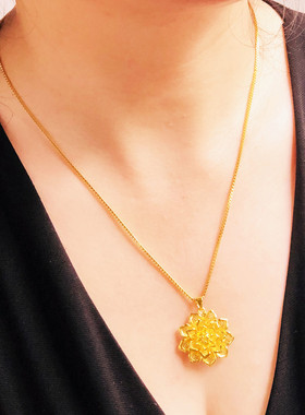 时尚简约沙金项链女硬币铜镀金仿金花朵菊花莲花吊坠项坠送礼首饰