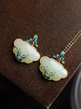 新中式国风老北京烧蓝纯银玉兰花和田玉吊坠搭配旗袍的如意项链女