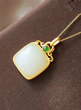 白玉古风镶古法金吊坠复古高档气质女士方块汉唐汉服古典项链