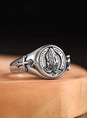 S925纯银新款祈祷之手戒指男士潮