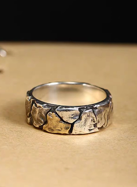 S925纯银原创手工裂纹戒指情侣