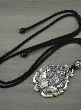 复古999纯银观音吊坠男实心项链