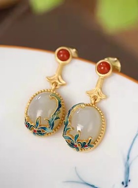 景泰蓝工艺锦上添花仿和田玉复古宫廷风戒指耳钉手链吊坠项链套装