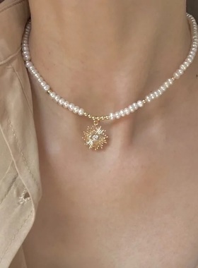 淡水珍珠14k包金锁骨链文艺复古