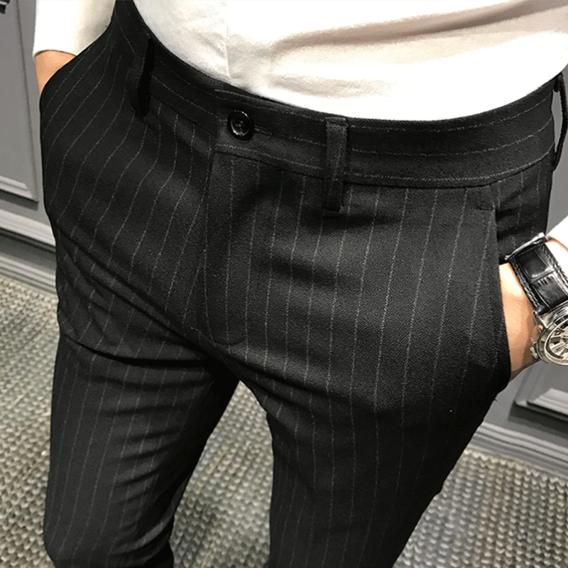 黑色竖条纹西裤男九分裤春夏季修身小脚休闲西装长裤弹力胖子大码,淘宝优惠券,粉丝福利购,淘宝优惠卷
