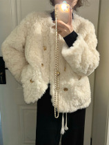 Small fragrant wind lamb wool jacket woman 2023 Winter new small sub loose thickened white fur blouses cotton clothing