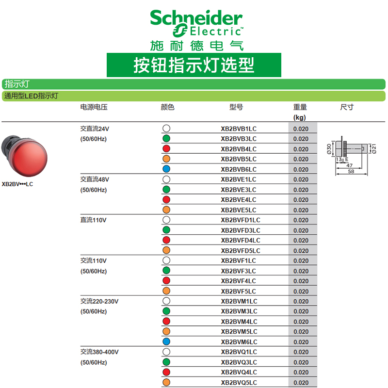 施耐德指示灯XB2BVB3LC绿色LED信号指示灯24V220V VM4LC红色报警 - 图1