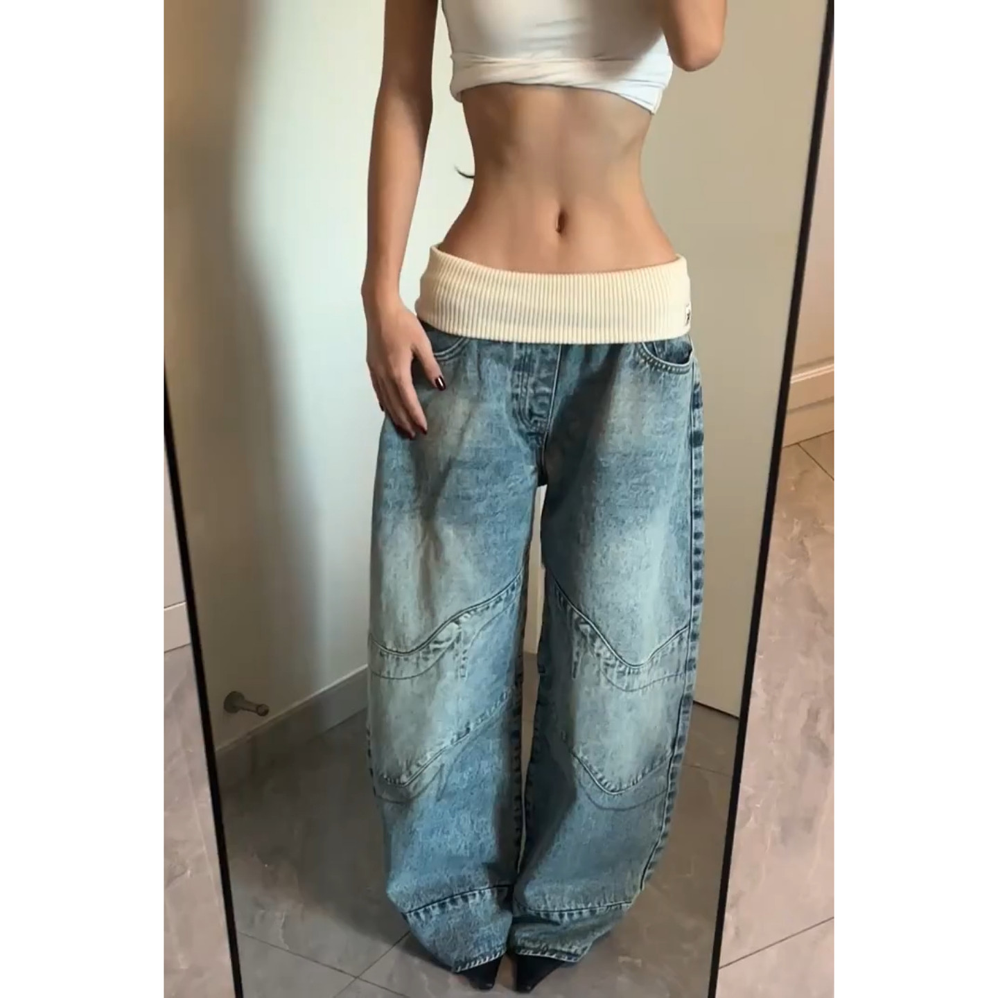 美式vibe大码复古设计感螺纹腰头牛仔裤女高街辣妹做旧水洗拖地裤,淘宝优惠券,粉丝福利购,淘宝优惠卷