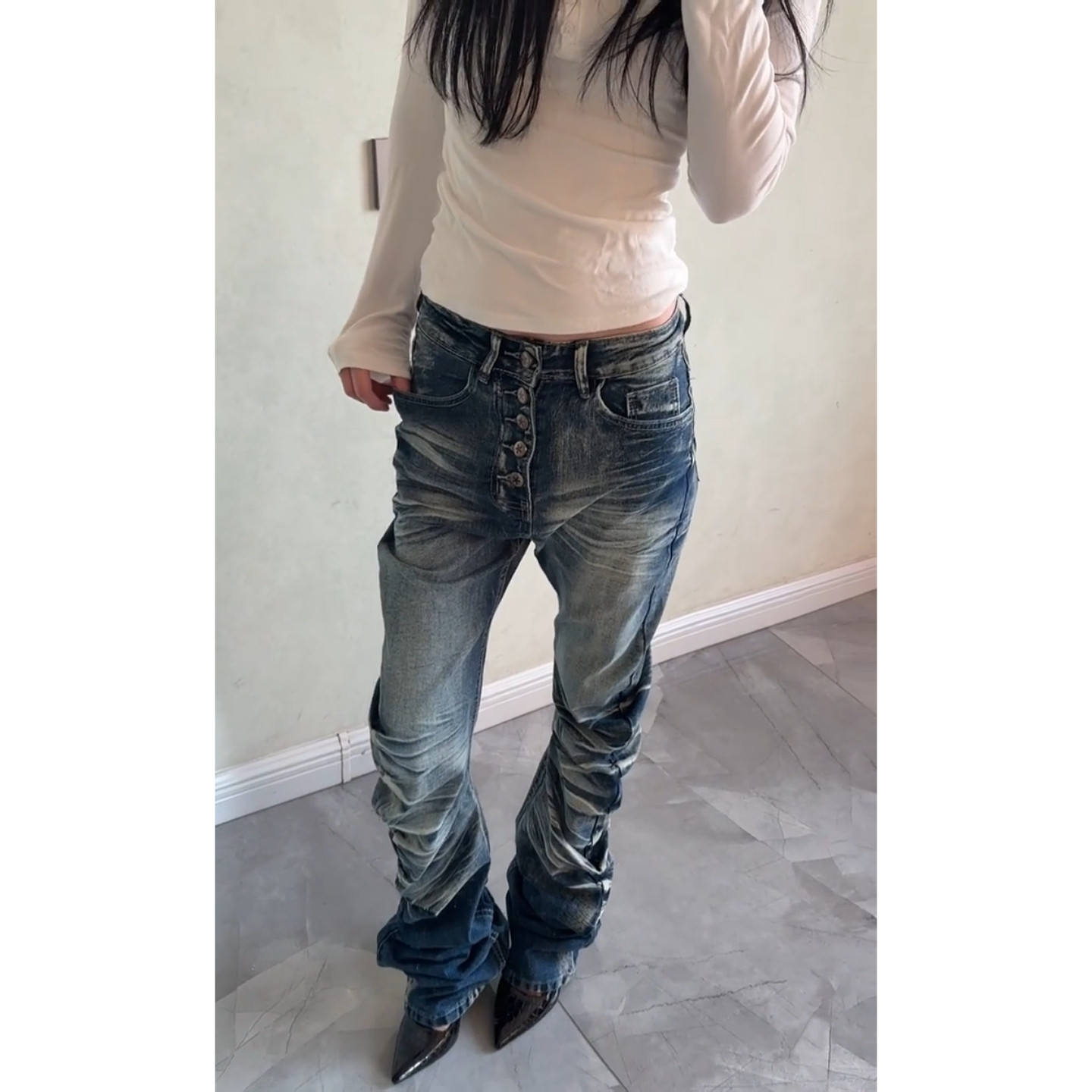 美式vibe大码复古高街排扣微喇牛仔裤女褶皱小众猫须修身拖地裤子,淘宝优惠券,粉丝福利购,淘宝优惠卷