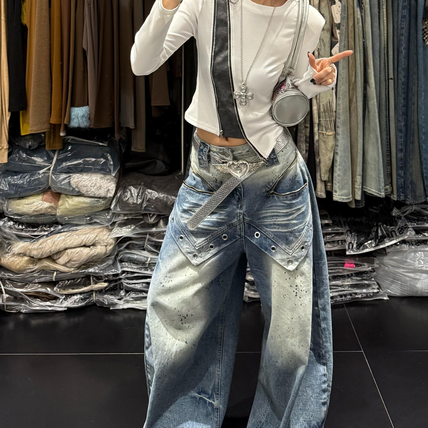 美式vibe大码复古街头拼接设计弯刀牛仔裤男女重工扎染阔腿拖地裤,淘宝优惠券,粉丝福利购,淘宝优惠卷