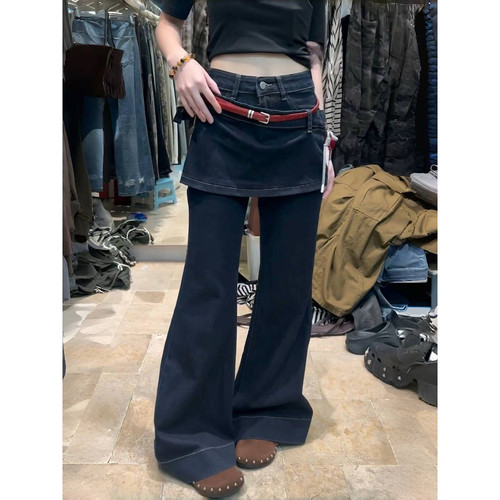 大码美式复古水洗假两件屁帘牛仔裤女街头修身显瘦阔腿微喇长裤潮 - 图1