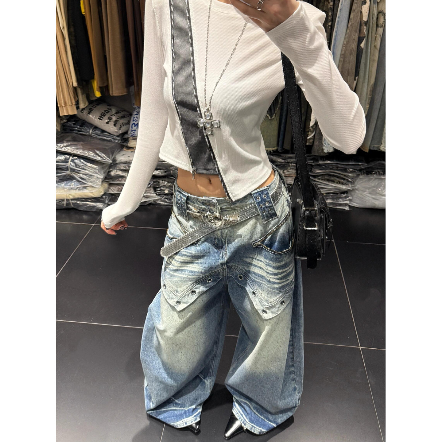 美式vibe大码复古街头拼接设计弯刀牛仔裤男女重工扎染阔腿拖地裤,淘宝优惠券,粉丝福利购,淘宝优惠卷