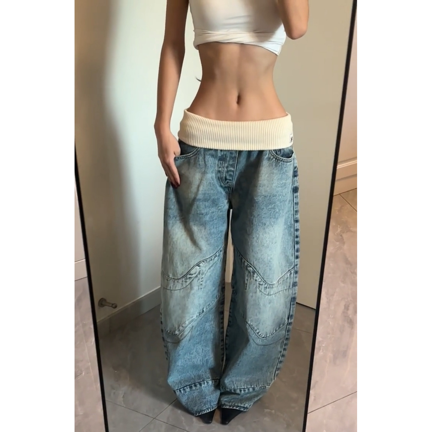 美式vibe大码复古设计感螺纹腰头牛仔裤女高街辣妹做旧水洗拖地裤,淘宝优惠券,粉丝福利购,淘宝优惠卷