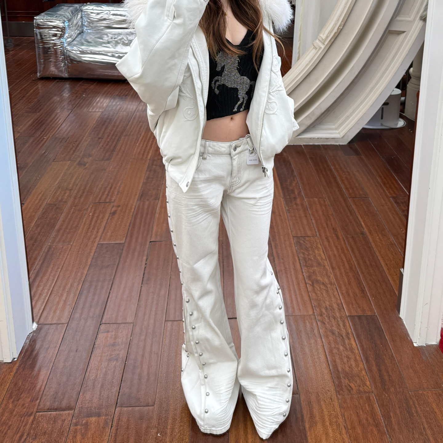 美式大码复古立体猫须铆钉牛仔裤女街头辣妹低腰开衩休闲喇叭长裤,淘宝优惠券,粉丝福利购,淘宝优惠卷