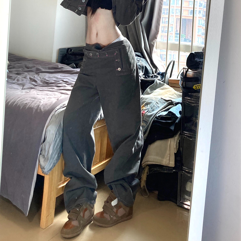 大码美式复古双腰头纽扣设计牛仔裤女2025秋季辣妹宽松垂感直筒裤 - 图1