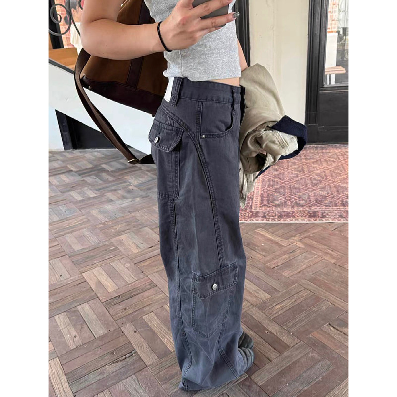 大码美式复古多口袋拼接工装牛仔裤男女水洗做旧宽松休闲直筒长裤,淘宝优惠券,粉丝福利购,淘宝优惠卷