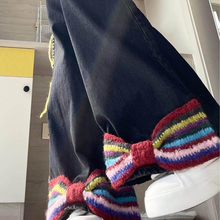 大码美式复古彩线流苏蝴蝶结牛仔裤女2025设计感宽松直筒阔腿长裤,淘宝优惠券,粉丝福利购,淘宝优惠卷