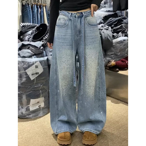 大码美式复古设计感烫钻牛仔裤女2025秋冬辣妹宽松显瘦阔腿拖地裤 - 图2