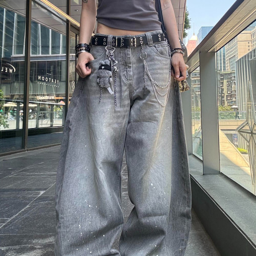 大码美式复古水洗做旧泼墨弯刀牛仔裤女2025夏街头风宽松阔腿长裤 - 图0