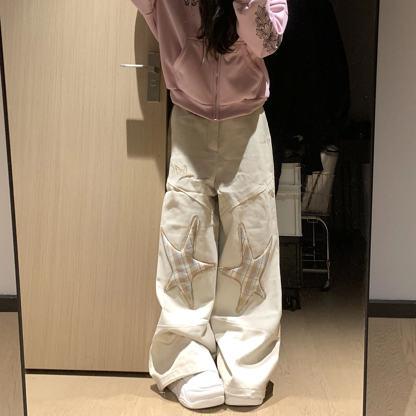 大码美式vibe水洗星星贴布弯刀牛仔裤女街头宽松显瘦垂感阔腿长裤,淘宝优惠券,粉丝福利购,淘宝优惠卷