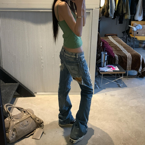 美式vibe大码水洗做旧破洞牛仔裤女夏季新款低腰辣妹直筒坠感长裤 - 图3