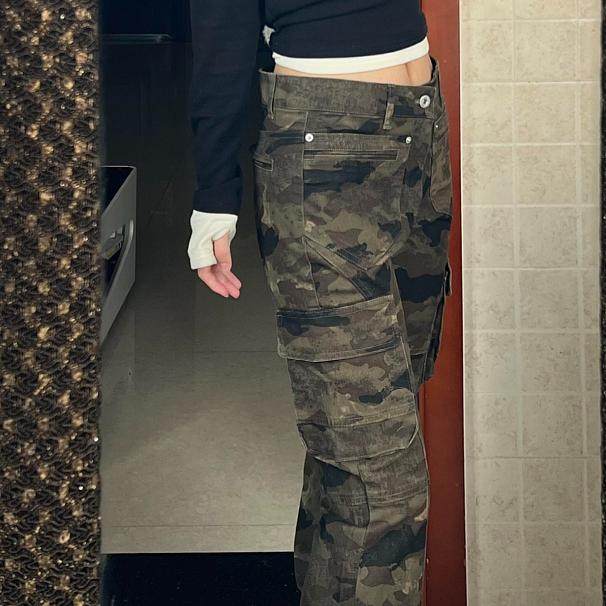 大码美式复古辣妹迷彩微喇牛仔裤女街头修身直筒显瘦多口袋工装裤,淘宝优惠券,粉丝福利购,淘宝优惠卷