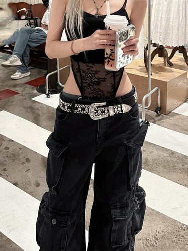 大码美式vibe街头重工水洗多口袋工装牛仔裤女宽松直筒休闲阔腿裤 - 图1