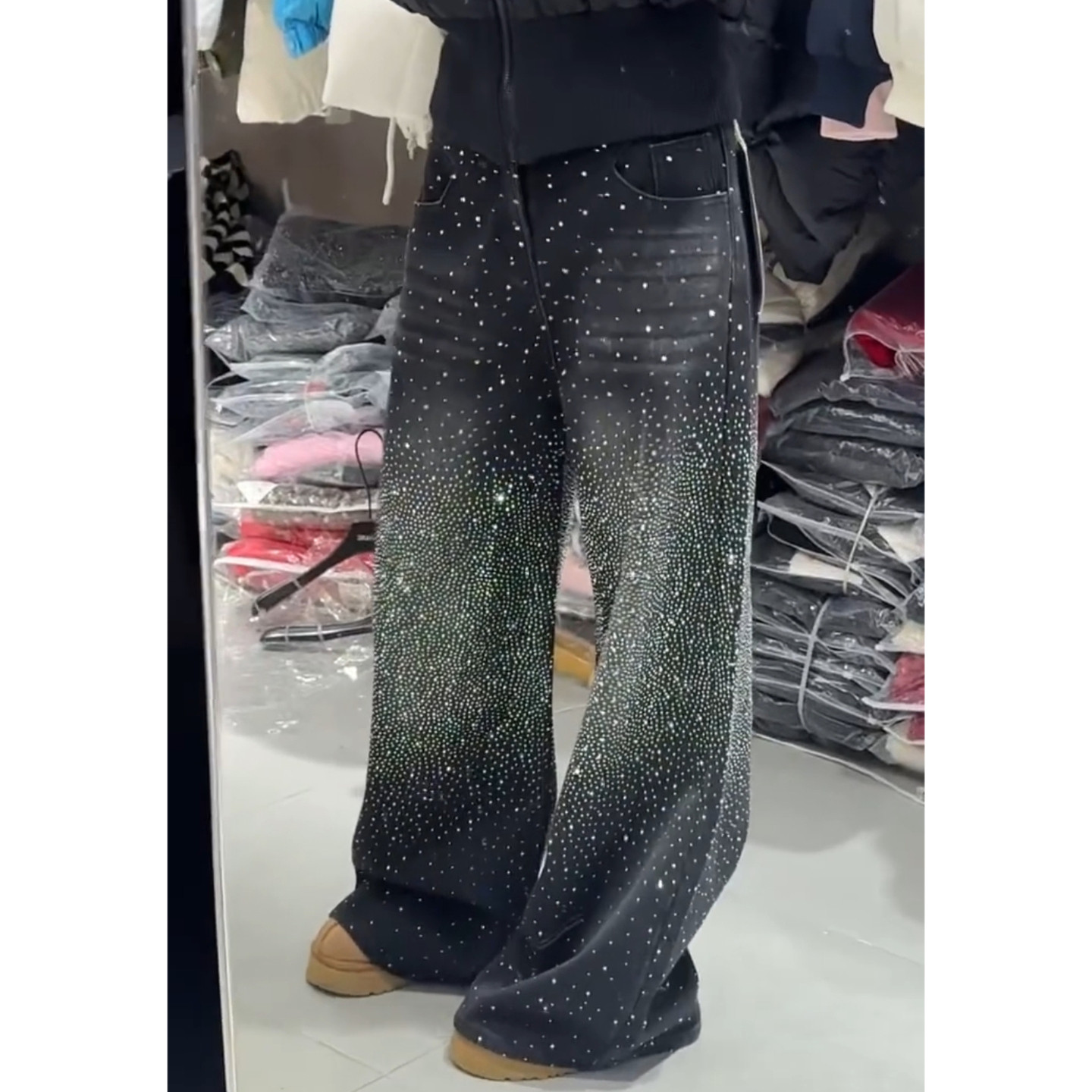 大码美式复古耀眼星河烫钻牛仔裤女2026新款宽松显瘦阔腿坠感长裤,淘宝优惠券,粉丝福利购,淘宝优惠卷