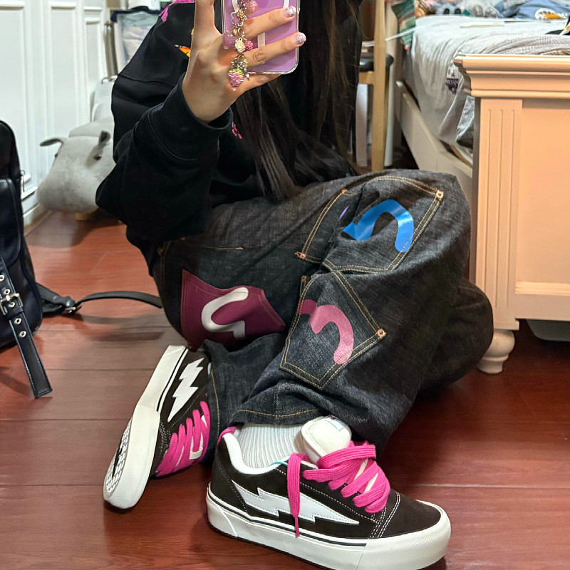 大码美式复古重工多口袋印花牛仔裤男女高街设计感宽松直筒长裤潮,淘宝优惠券,粉丝福利购,淘宝优惠卷