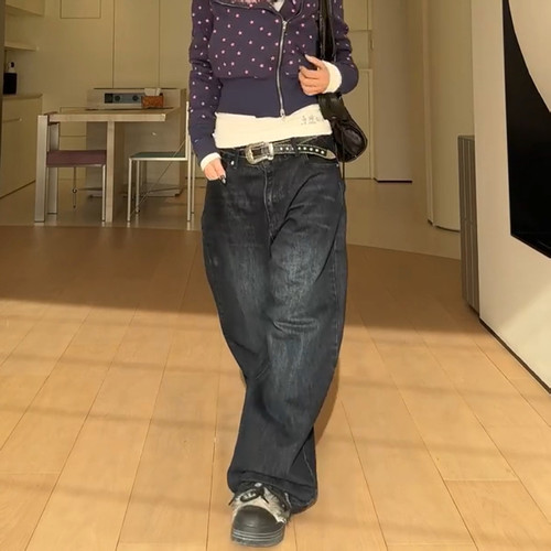 大码美式复古彩色字母印花牛仔裤男女秋冬街头宽松休闲阔腿长裤潮 - 图2