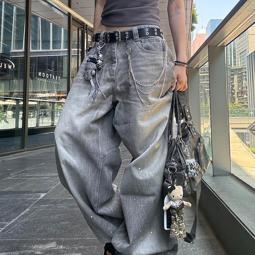 大码美式复古水洗做旧泼墨弯刀牛仔裤女2025夏街头风宽松阔腿长裤 - 图1