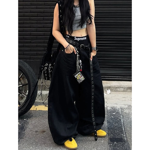 大码美式复古黑色阔腿弯刀牛仔裤男女街头做旧水洗宽松垂感拖地裤 - 图1