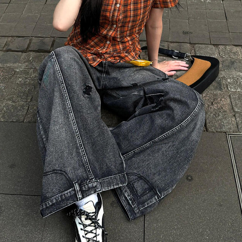 大码美式复古做旧廓形破洞牛仔裤男女街头解构宽松阔腿弯刀长裤潮 - 图2