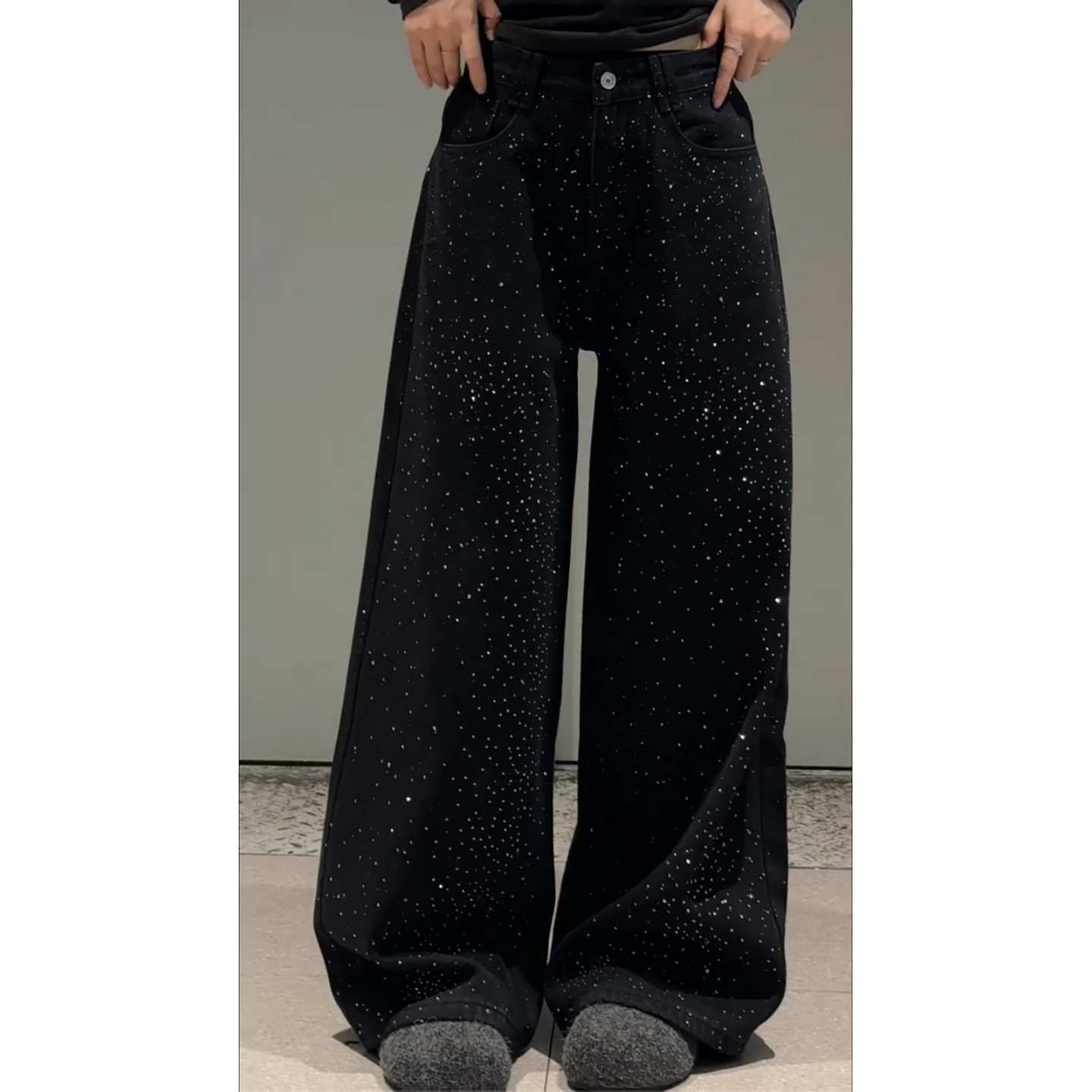 美式复古满天星烫钻黑色阔腿裤女大码宽松显瘦炸街时髦休闲牛仔裤,淘宝优惠券,粉丝福利购,淘宝优惠卷