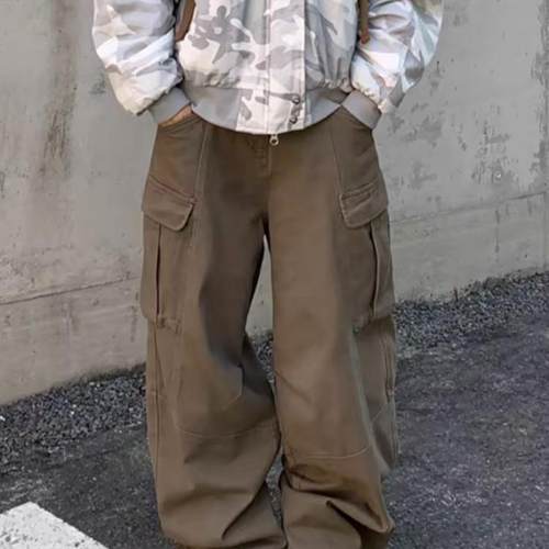 大码美式国潮大口袋解构工装牛仔裤男女高街复古宽松阔腿休闲长裤 - 图1