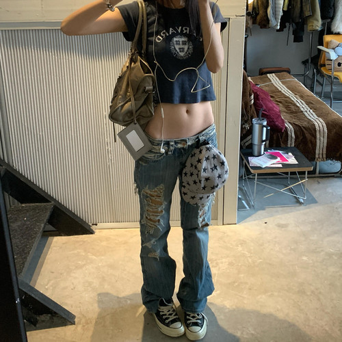 美式vibe大码水洗做旧破洞牛仔裤女夏季新款低腰辣妹直筒坠感长裤 - 图2