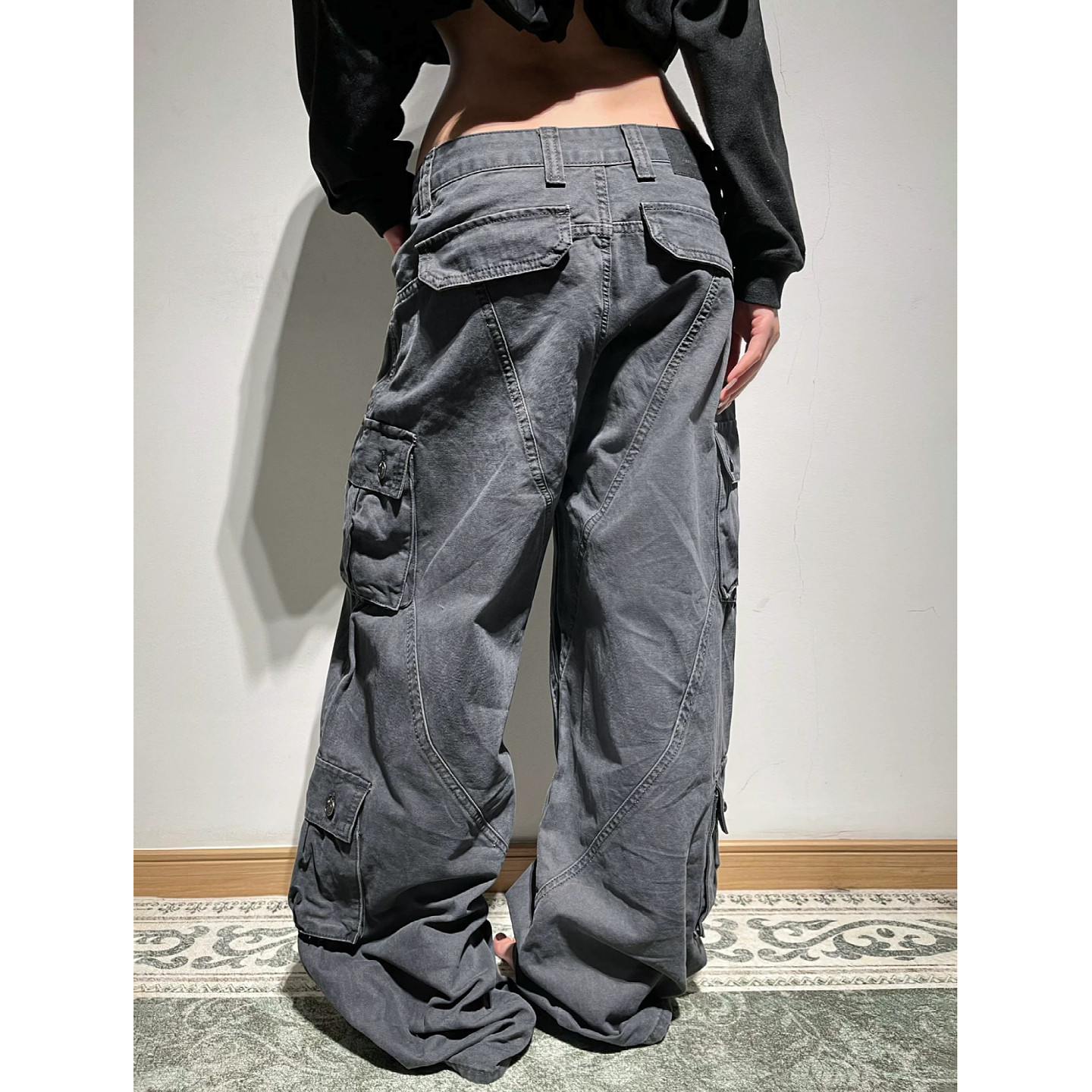 大码美式工装风多口袋宽松直筒裤灰色高腰宽松显瘦解构休闲拖地裤,淘宝优惠券,粉丝福利购,淘宝优惠卷