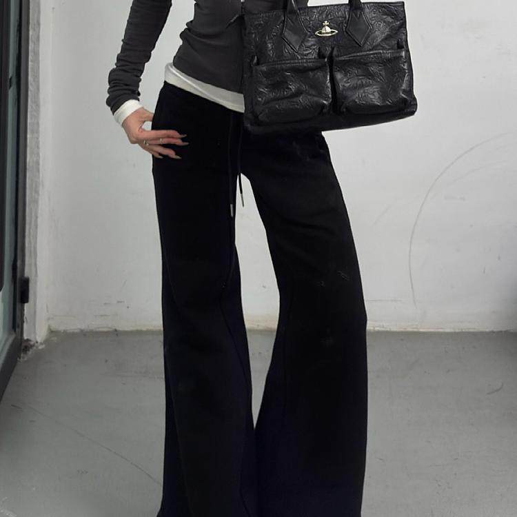 大码美式复古黑色微喇休闲卫裤女2024秋冬新款宽松阔腿垂感长裤子,淘宝优惠券,粉丝福利购,淘宝优惠卷