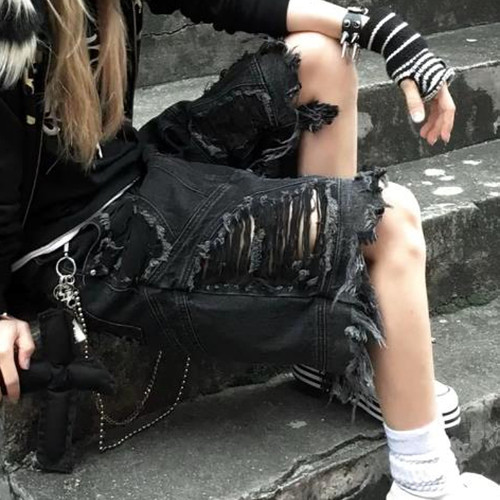 大码美式vibe设计感破洞牛仔七分裤男女街头风重工解构宽松短裤潮 - 图1