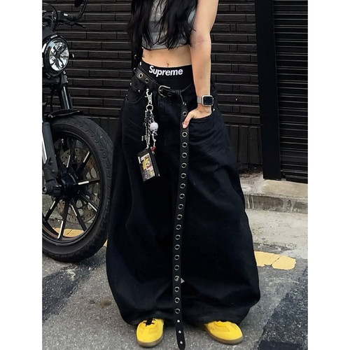 大码美式复古黑色阔腿弯刀牛仔裤男女街头做旧水洗宽松垂感拖地裤 - 图0