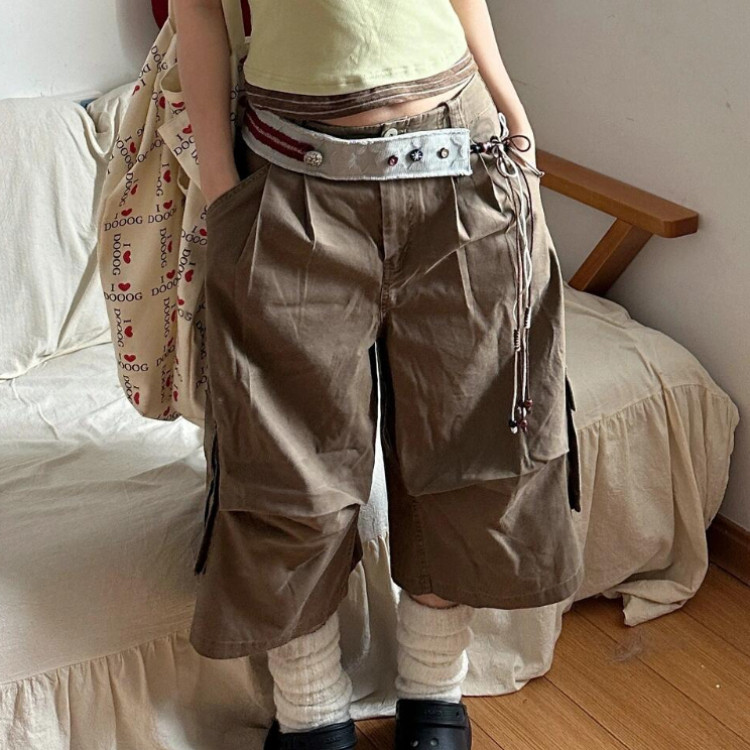 大码美式复古工装水洗褶皱牛仔七分裤女2025夏新款多口袋宽松中裤,淘宝优惠券,粉丝福利购,淘宝优惠卷