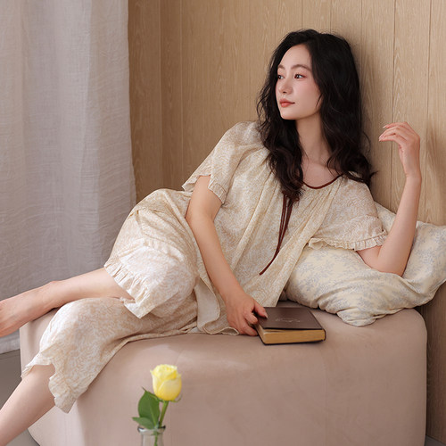 睡衣女士夏季莱赛尔棉短袖七分裤2026新款中年高端奢华妈妈家居服 - 图3