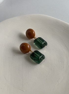 秋冬美拉德焦糖晕染绿撞色耳环
