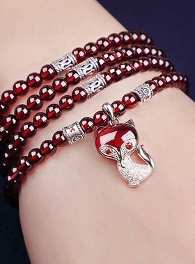 正经石榴石吊坠手链酒红女天然3圈4圈手串三圈四圈4mm5mm藏银配饰